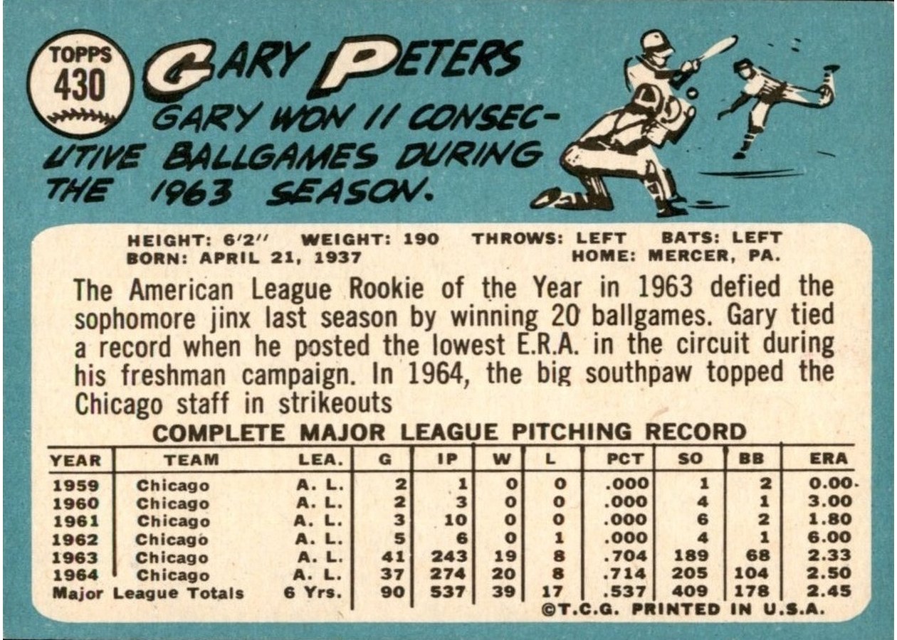 1965 Topps #430 Gary Peters card back