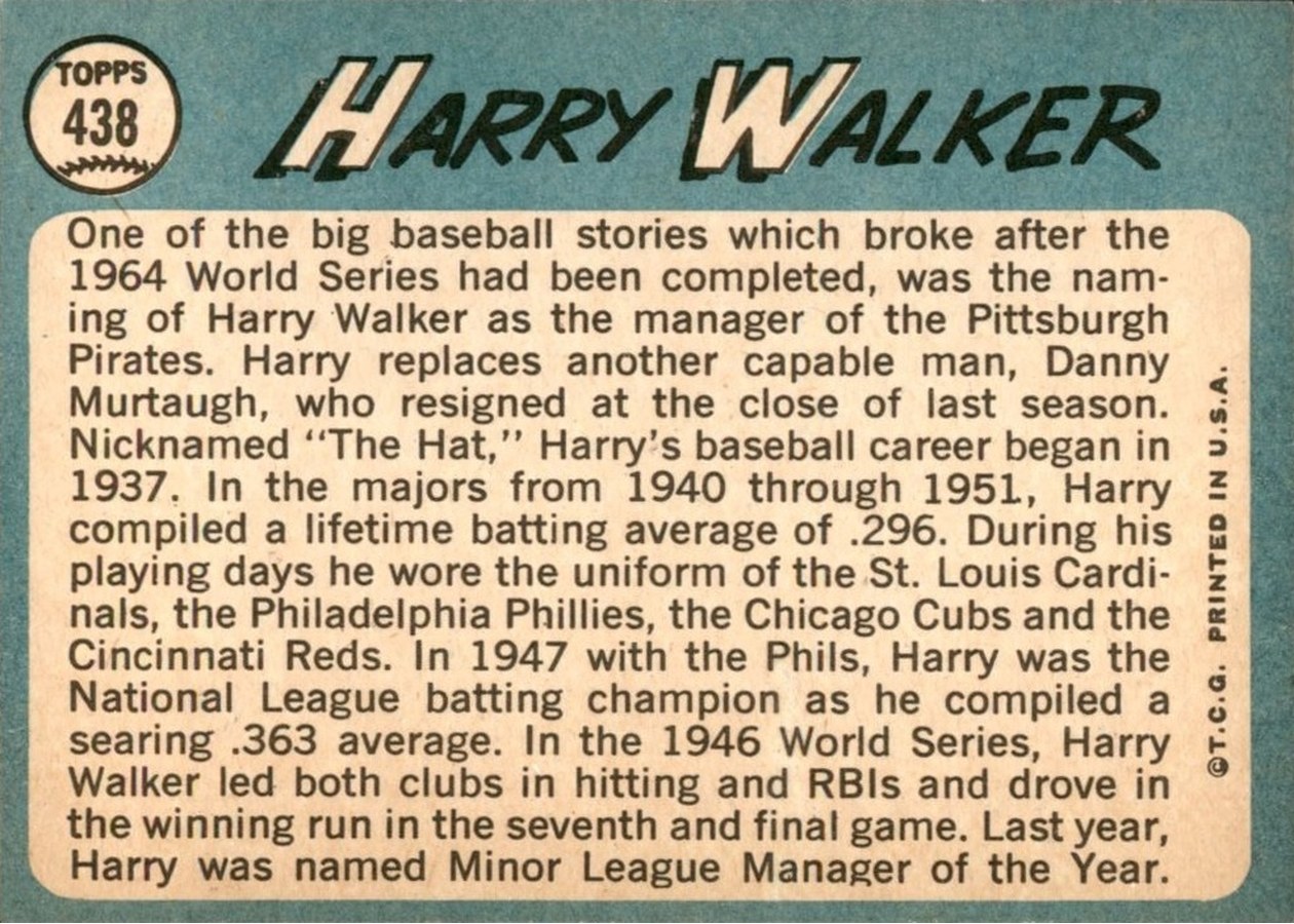 1965 Topps #438 Harry Walker card back