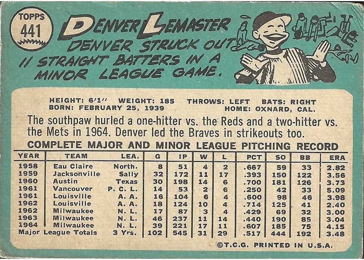 1965 Topps #441 Denver Lemaster card back