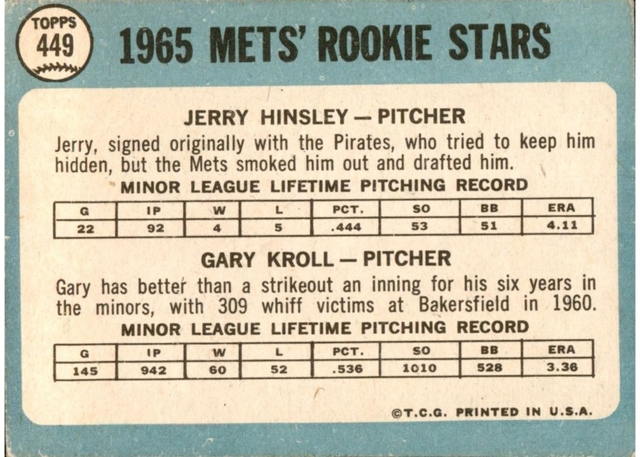 1965 Topps #449 Mets 1965 Rookie Stars card back