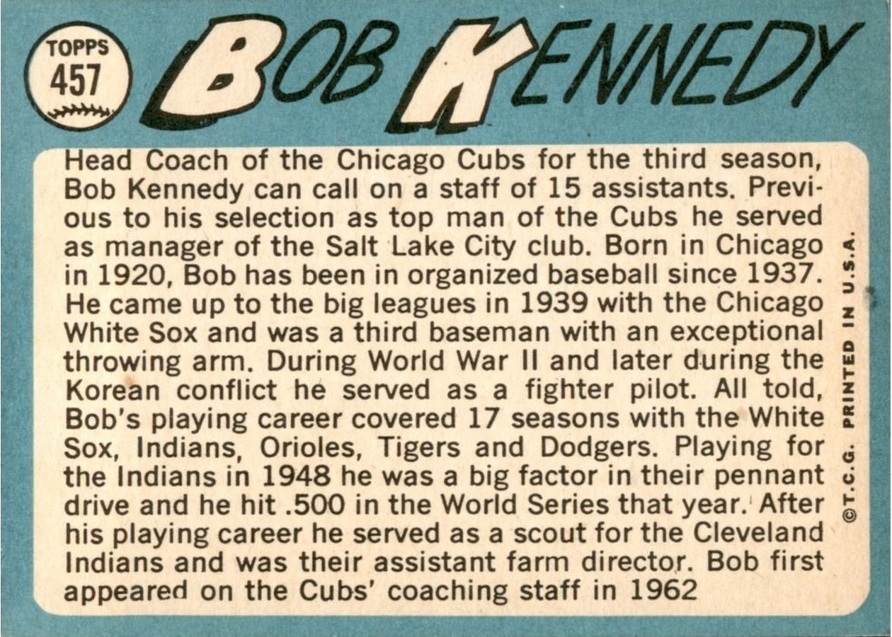 1965 Topps #457 Bob Kennedy card back