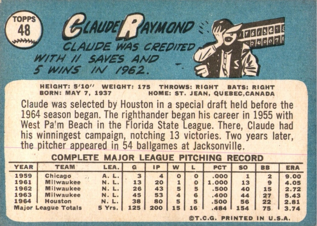 1965 Topps #48 Claude Raymond card back