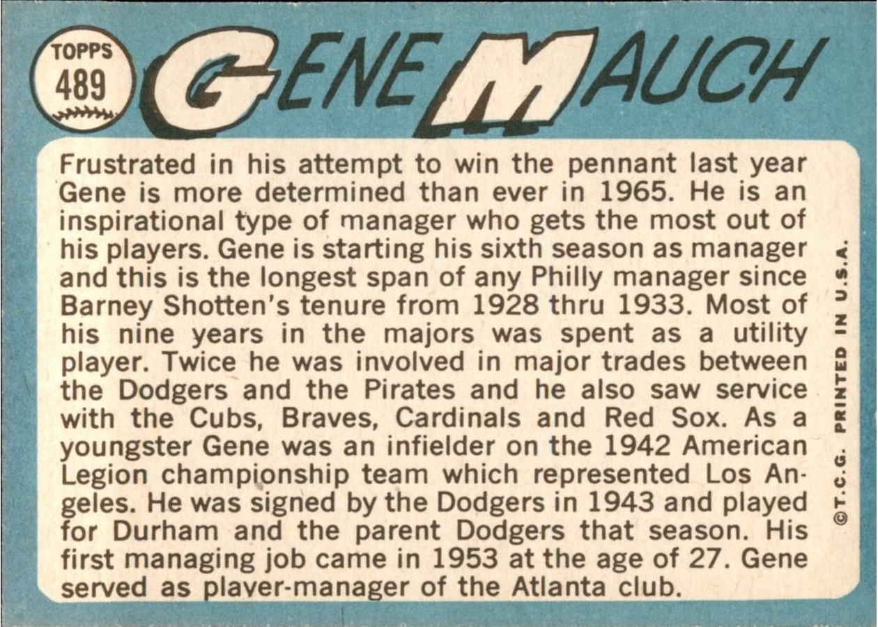 1965 Topps #489 Gene Mauch card back