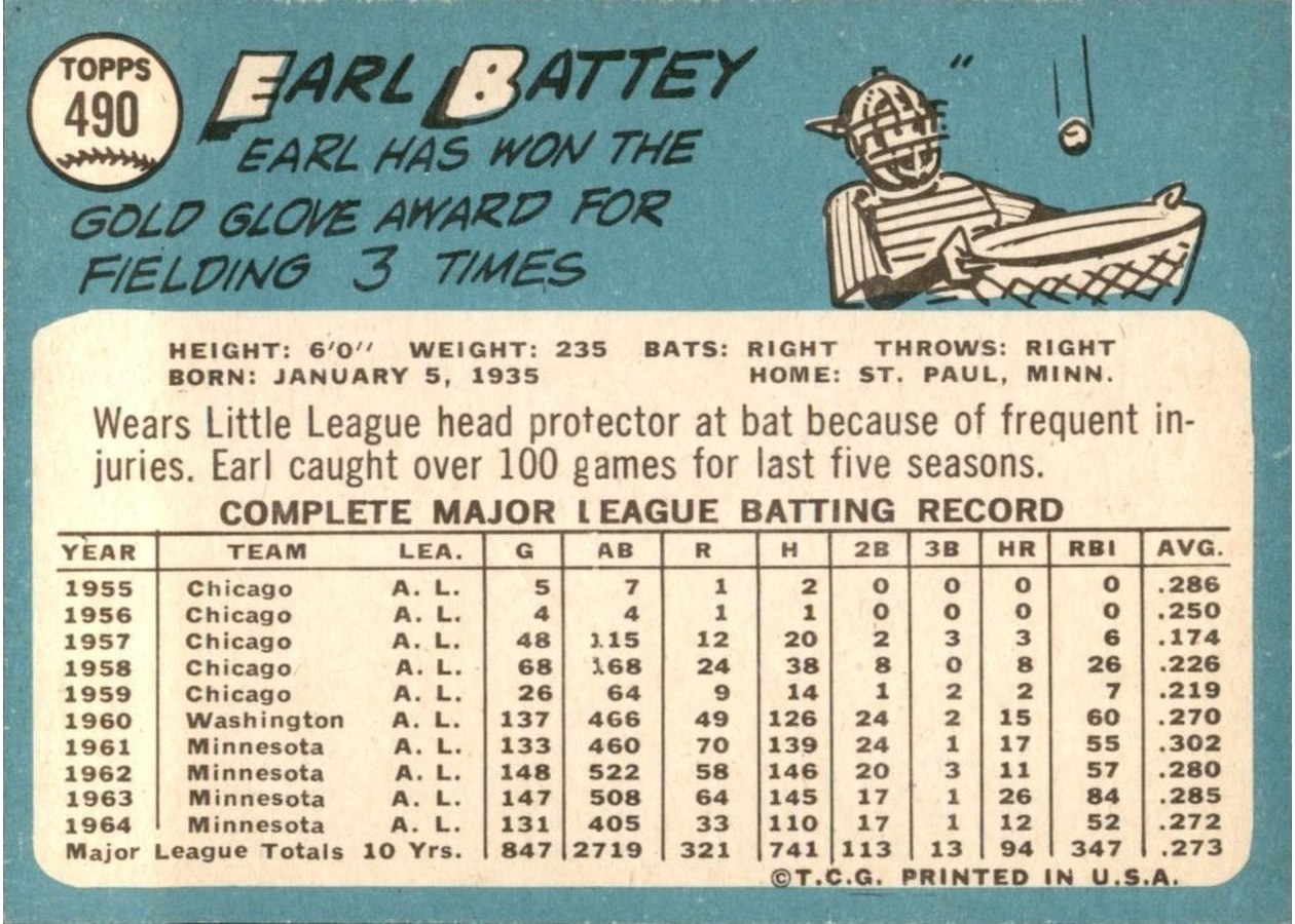 1965 Topps #490 Earl Battey card back