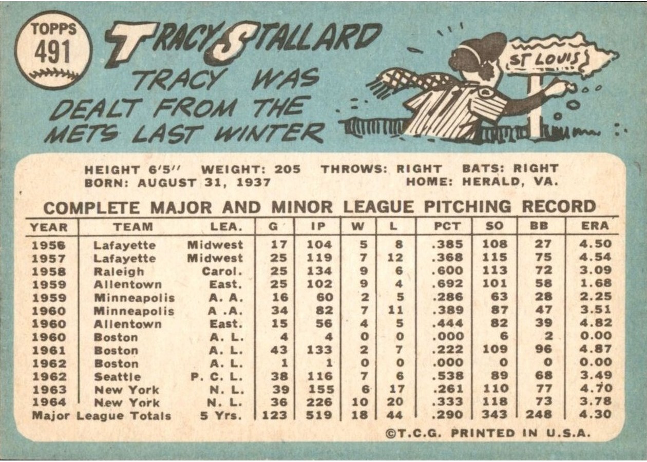 1965 Topps #491 Tracy Stallard card back