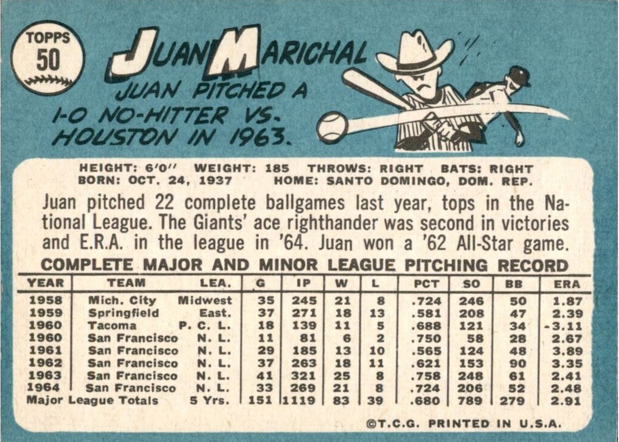 1965 Topps #50 Juan Marichal card back