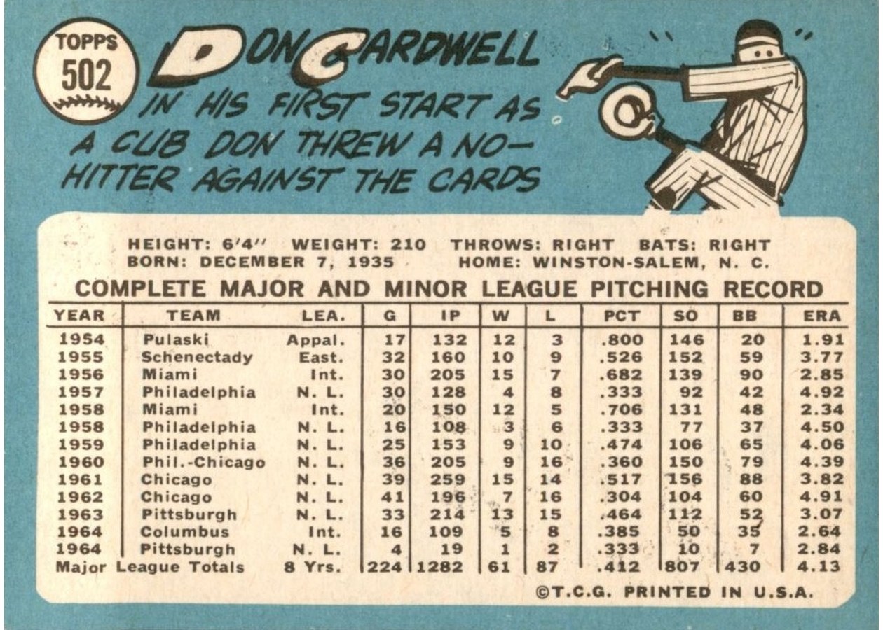 1965 Topps #502 Don Cardwell card back