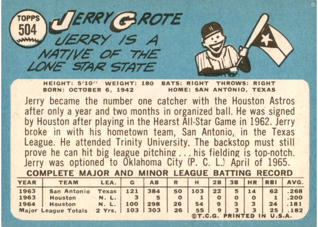 1965 Topps #504 Jerry Grote card back