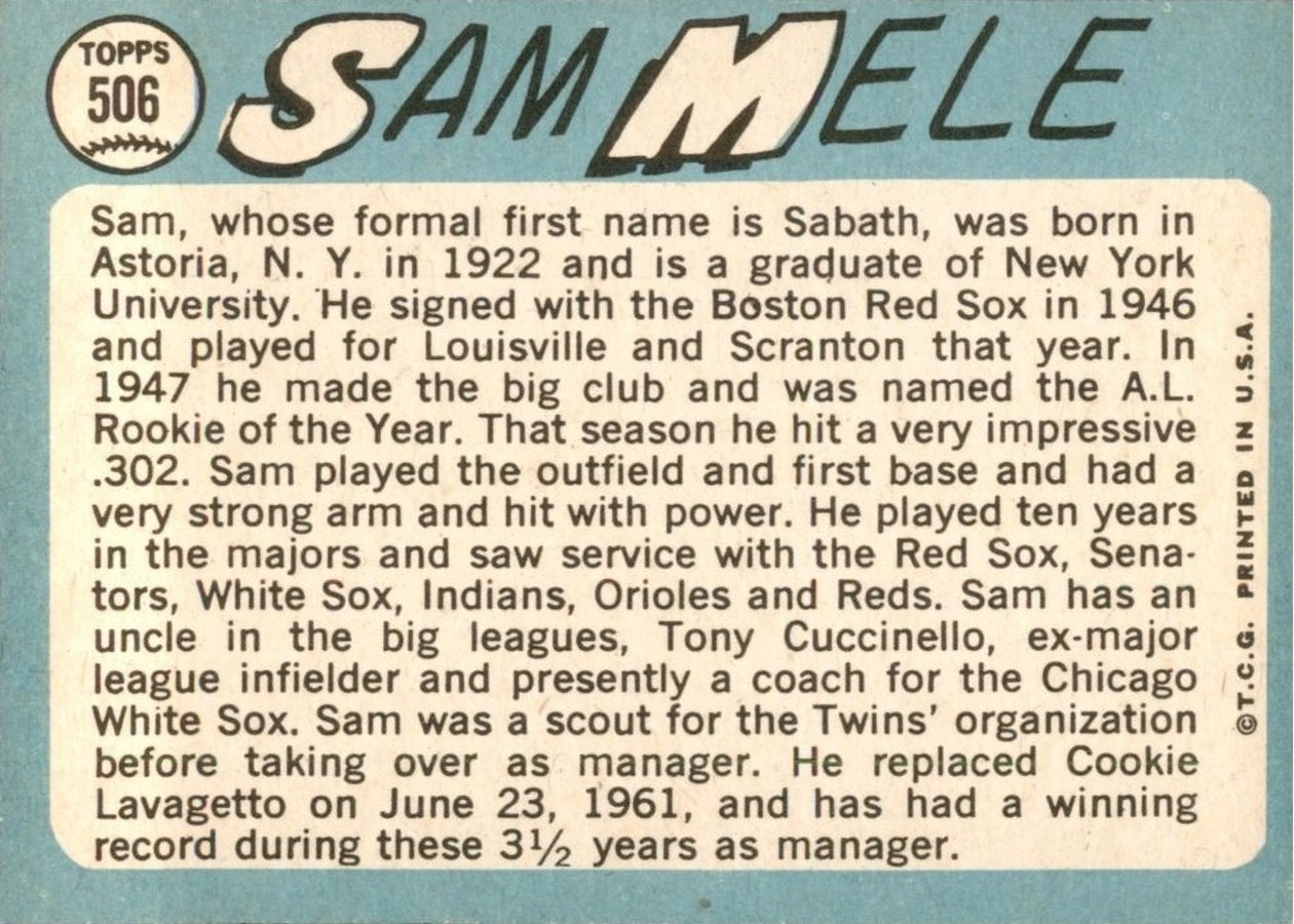 1965 Topps #506 Sam Mele card back