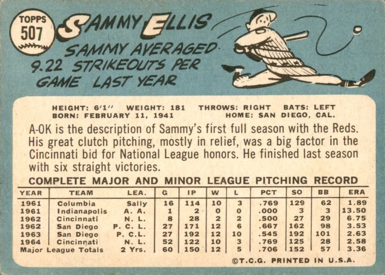 1965 Topps #507 Sammy Ellis card back