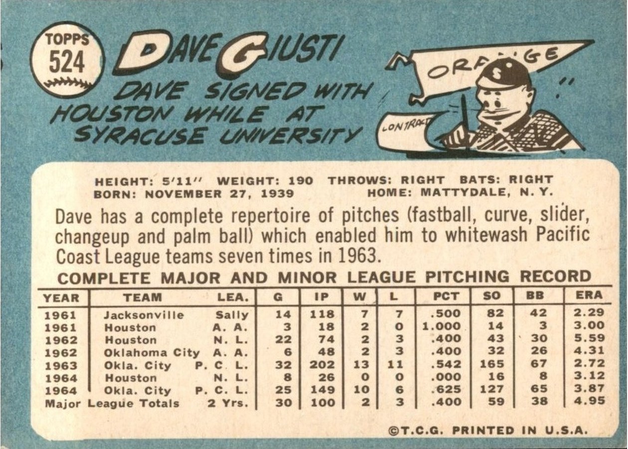 1965 Topps #524 Dave Giusti card back