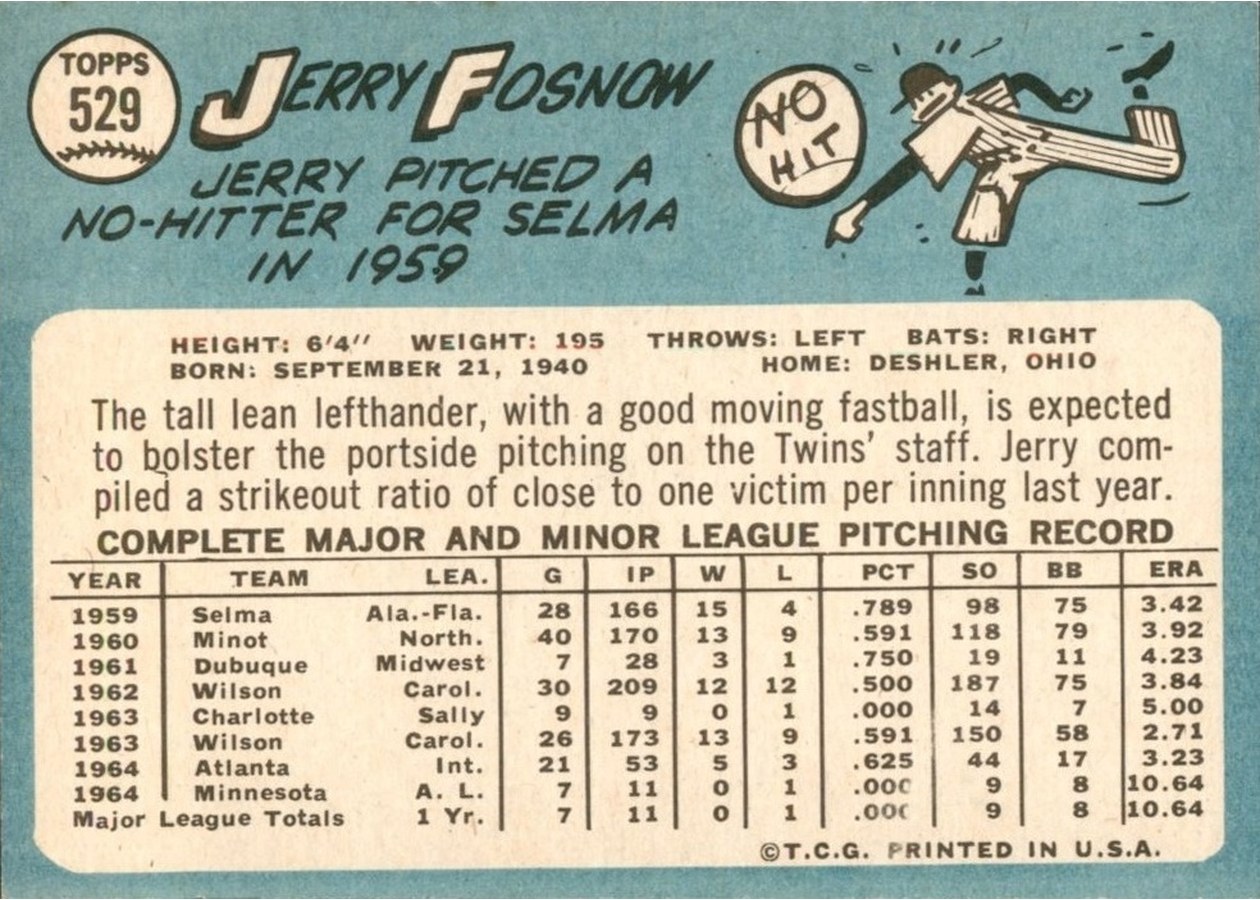 1965 Topps #529 Jerry Fosnow card back