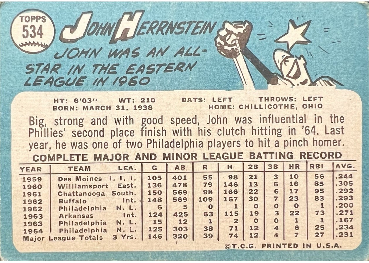1965 Topps #534 John Herrnstein card back