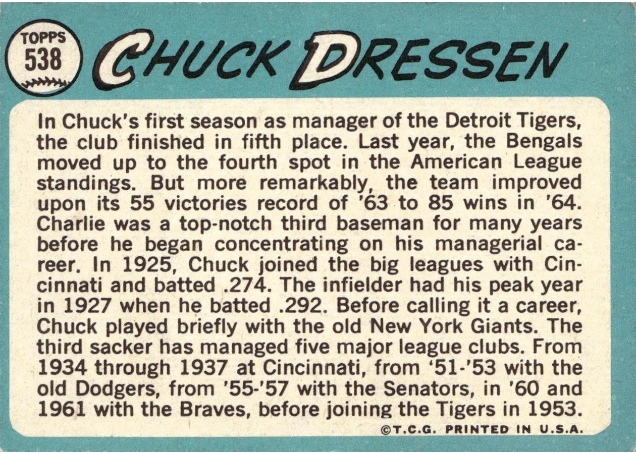 1965 Topps #538 Chuck Dressen card back