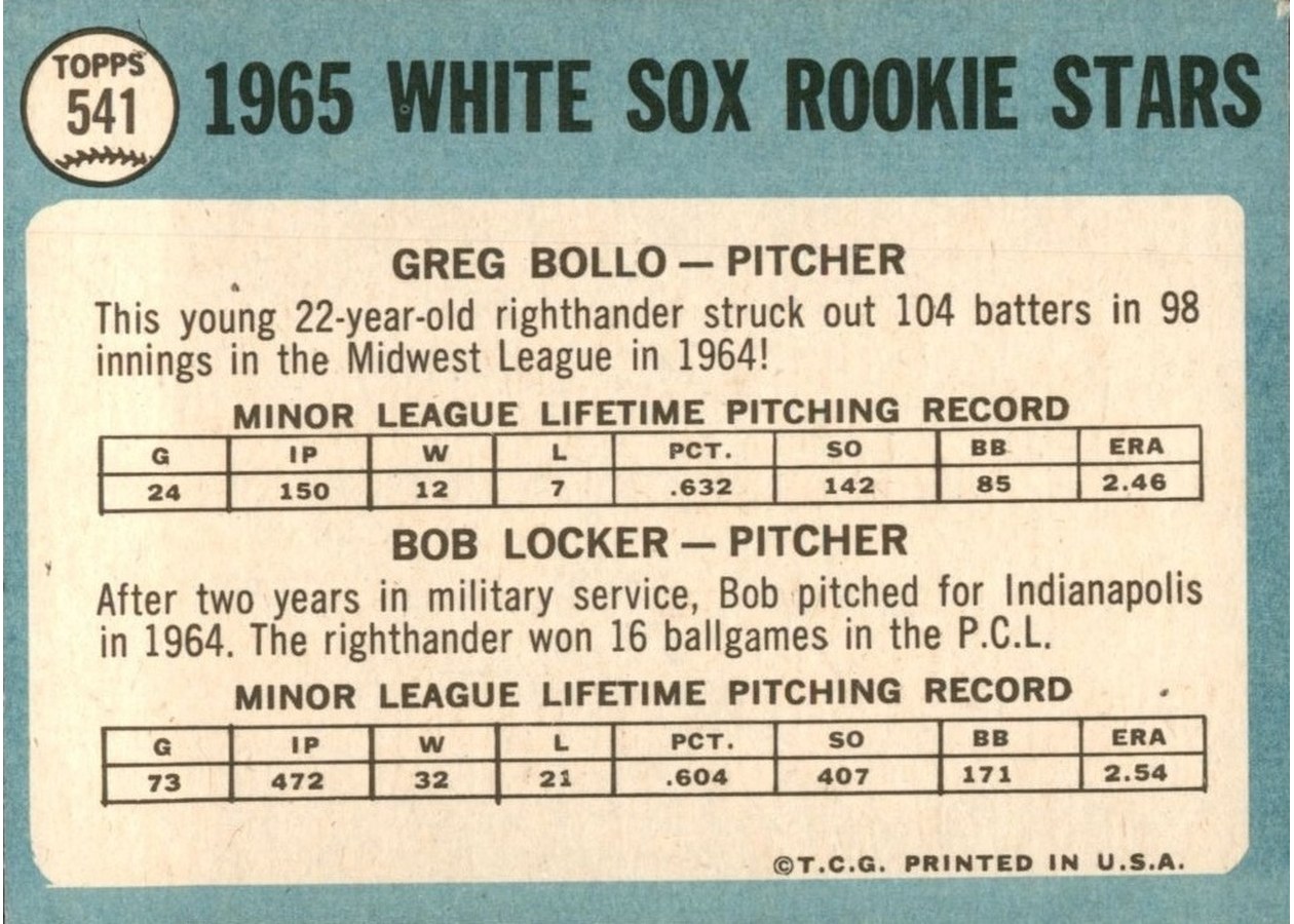1965 Topps #541 White Sox 1965 Rookie Stars card back