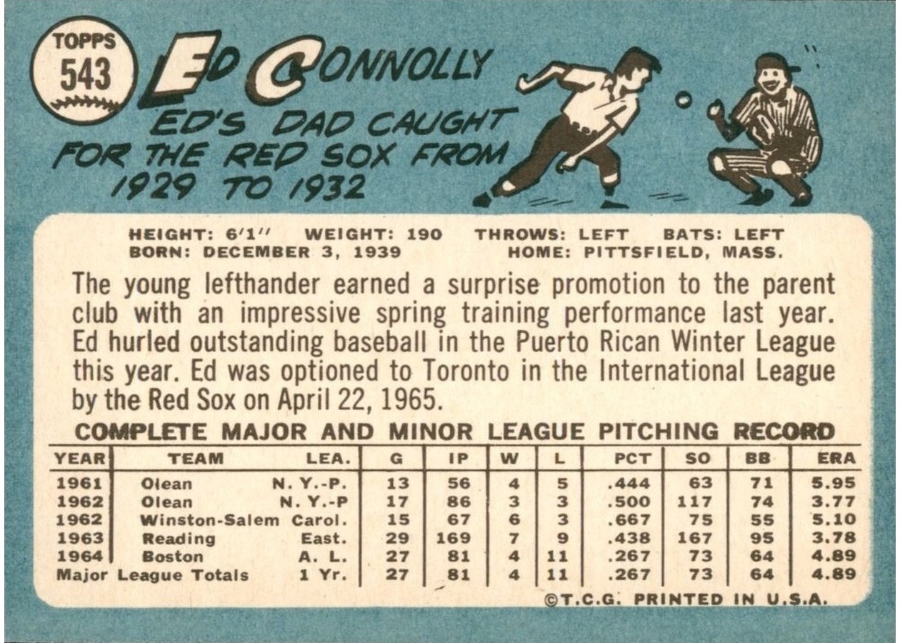 1965 Topps #543 Ed Connolly card back