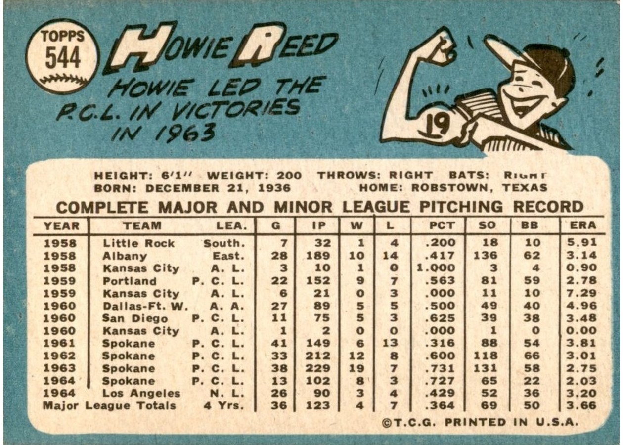 1965 Topps #544 Howie Reed card back