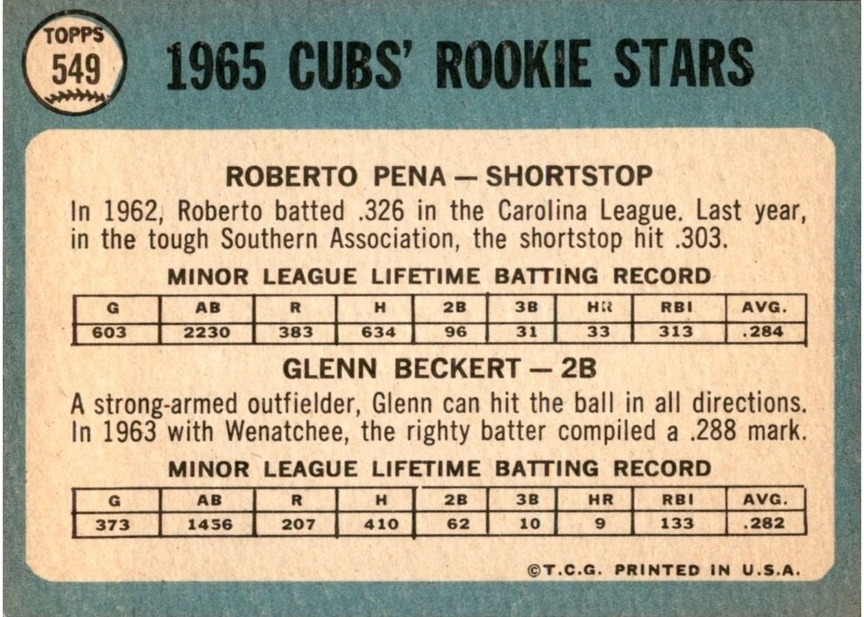 1965 Topps #549 Cubs 1965 Rookie Stars card back