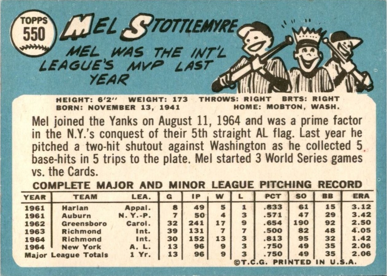 1965 Topps #550 Mel Stottlemyre card back