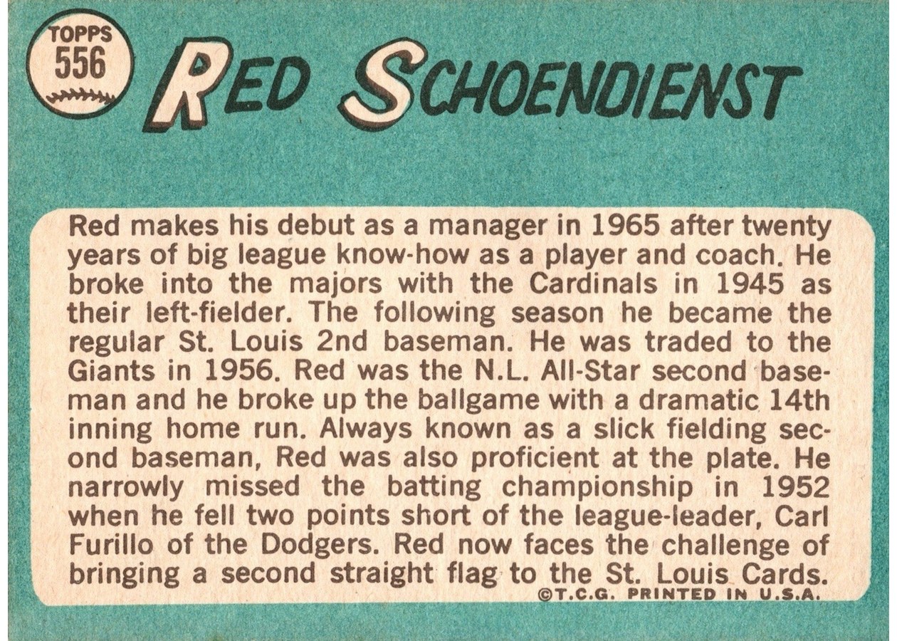 1965 Topps #556 Red Schoendienst card back