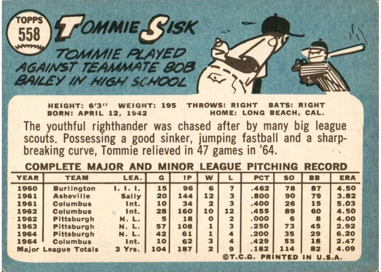 1965 Topps #558 Tommie Sisk card back
