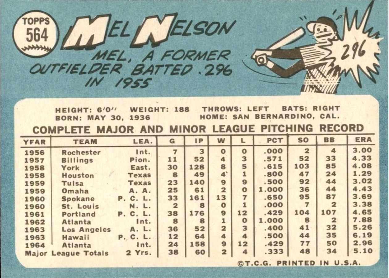 1965 Topps #564 Mel Nelson card back