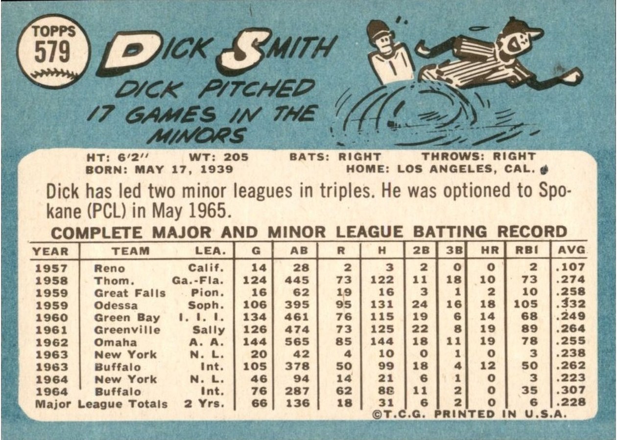 1965 Topps #579 Dick Smith card back