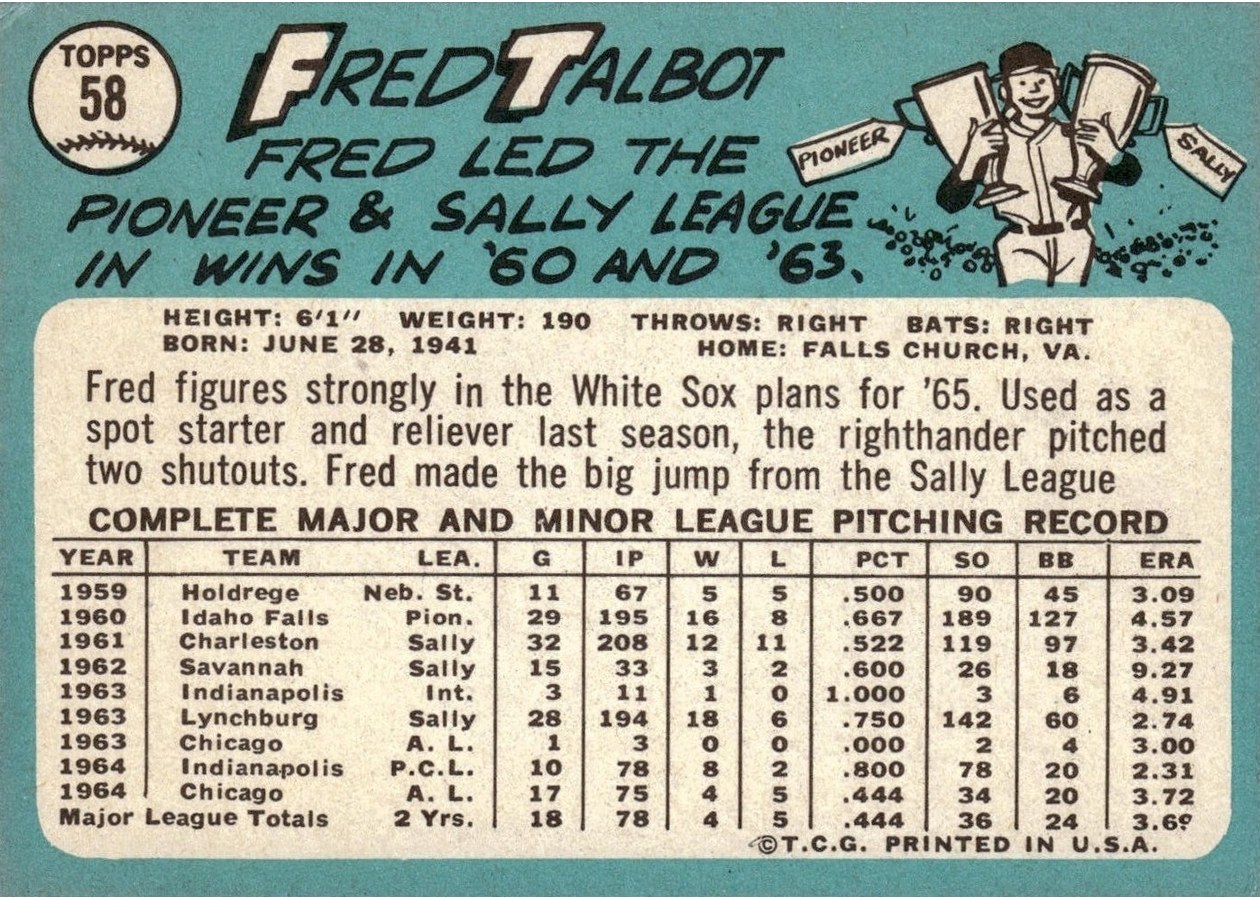 1965 Topps #58 Fred Talbot card back