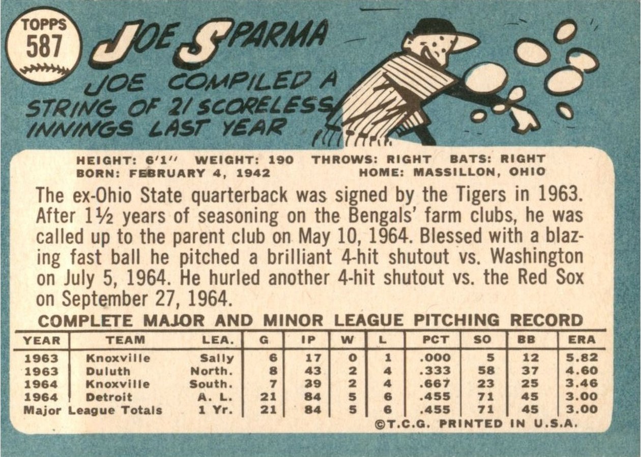1965 Topps #587 Joe Sparma card back