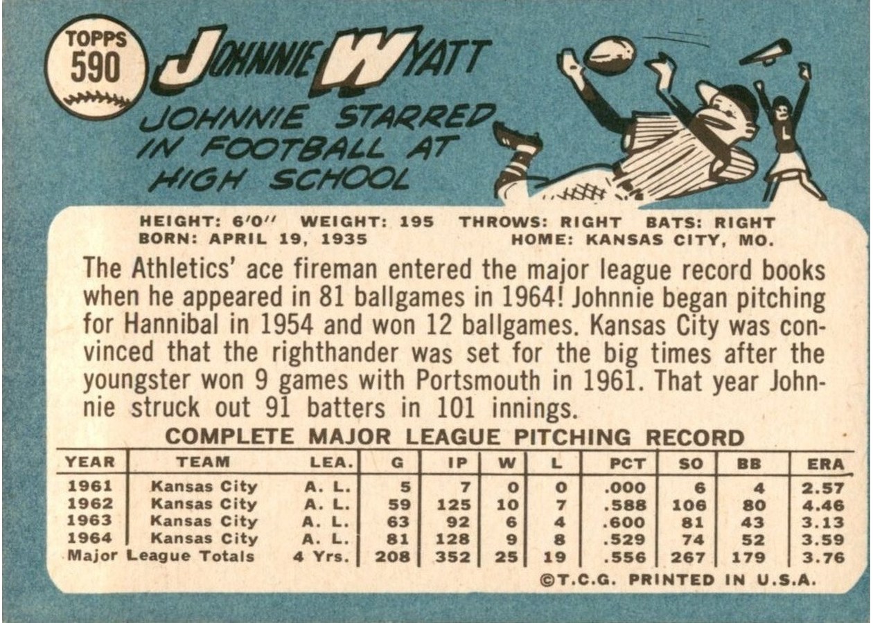 1965 Topps #590 John Wyatt card back