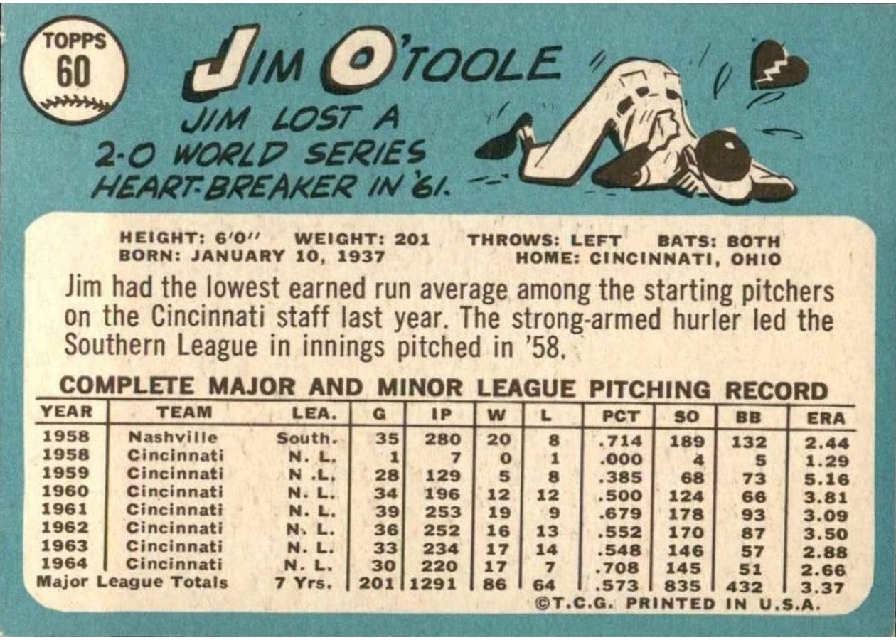 1965 Topps #60 Jim O'Toole card back