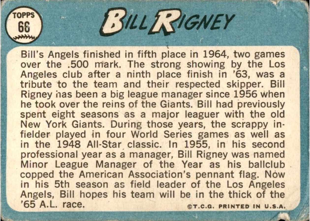 1965 Topps #66 Bill Rigney card back