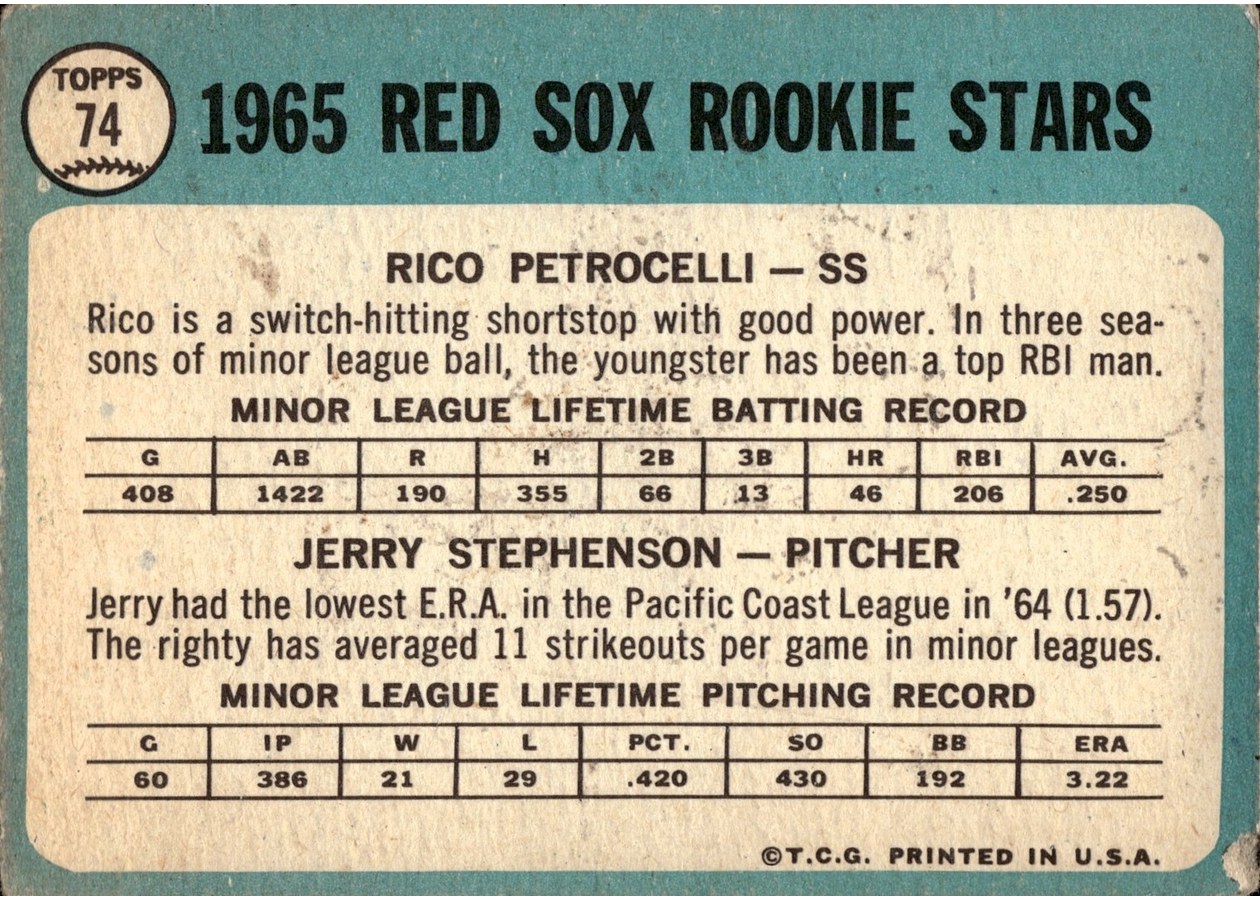 1965 Topps #74 Red Sox 1965 Rookie Stars card back