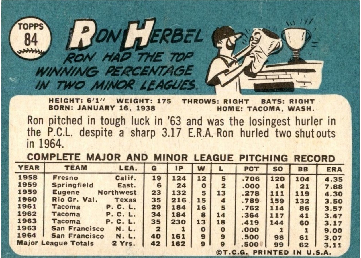 1965 Topps #84 Ron Herbel card back