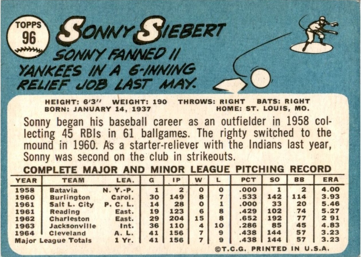 1965 Topps #96 Sonny Siebert card back