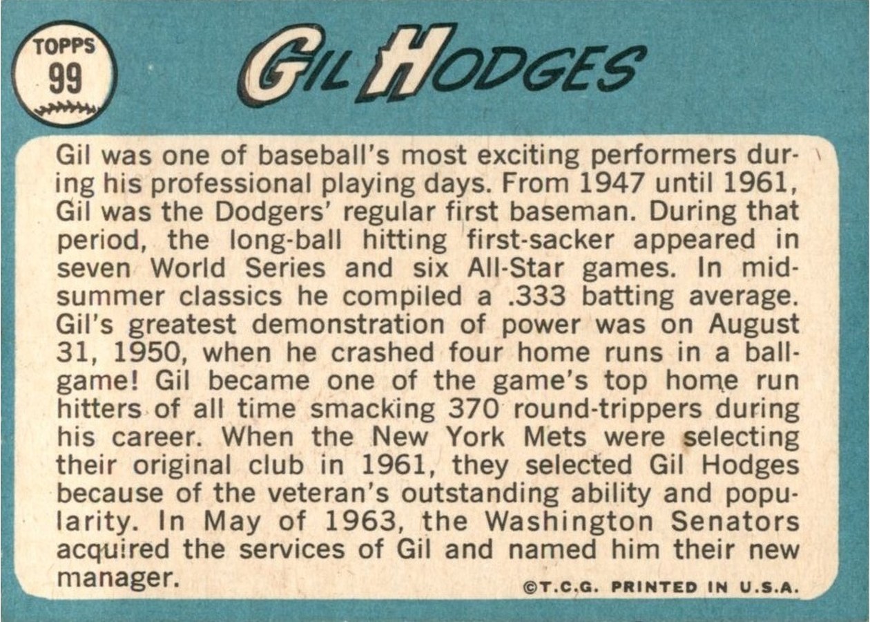 1965 Topps #99 Gil Hodges card back