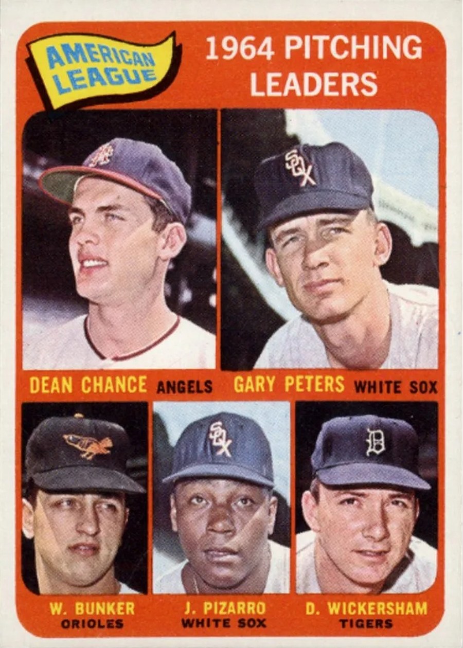 1965 Topps #9 American League 1964 Pitching Leaders, Los Angeles Angels / Chicago White Sox / Baltimore Orioles / Detroit Tigers