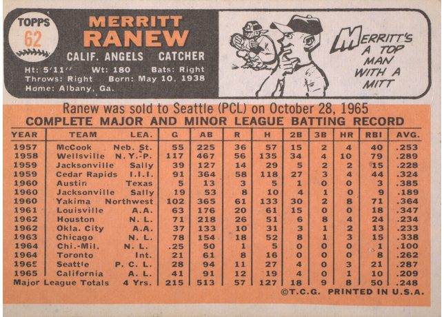 1966 Topps #62 Merritt Ranew - 62b - With Sold Statement (back)