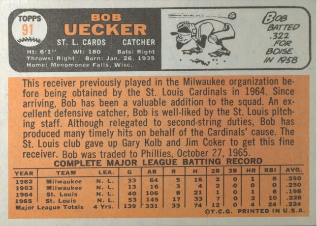 1966 Topps #91 Bob Uecker - 91b - With Trade Statement (back)