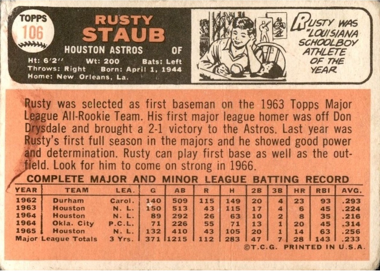 1966 Topps #106 Rusty Staub card back