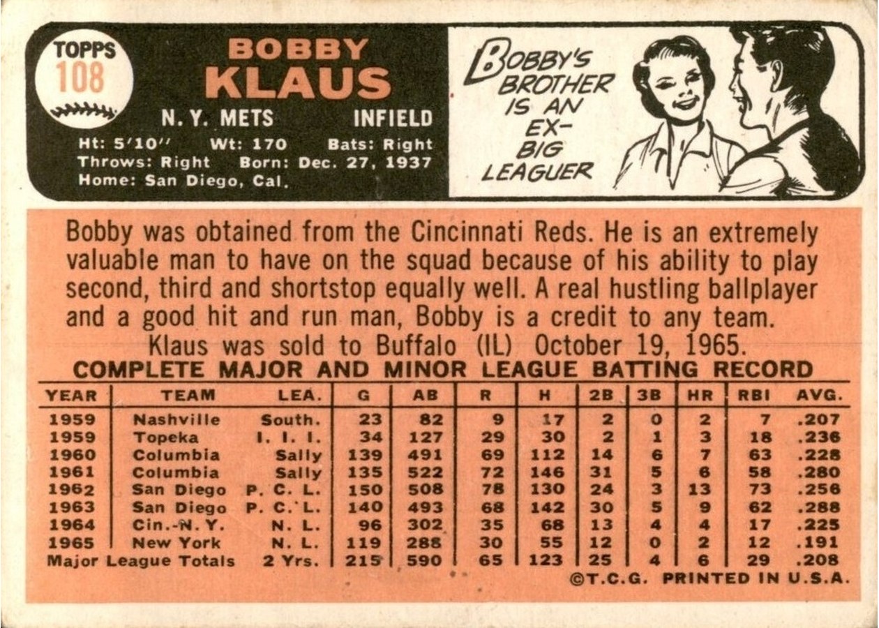 1966 Topps #108 Bobby Klaus card back