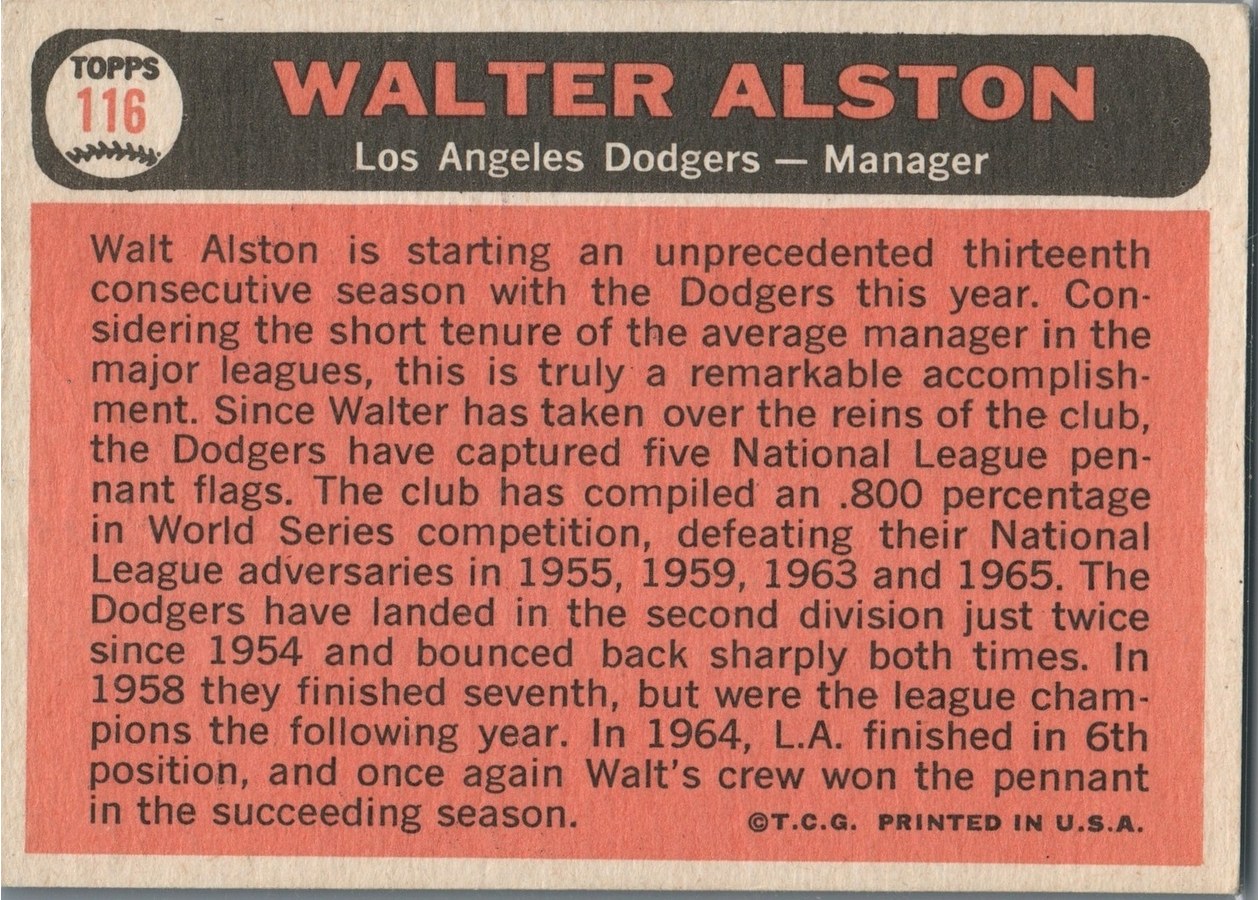 1966 Topps #116 Walt Alston card back