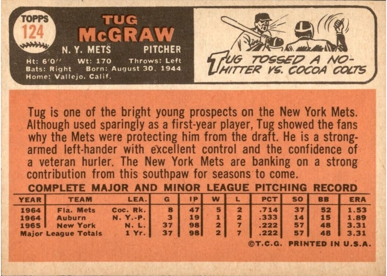1966 Topps #124 Tug McGraw card back