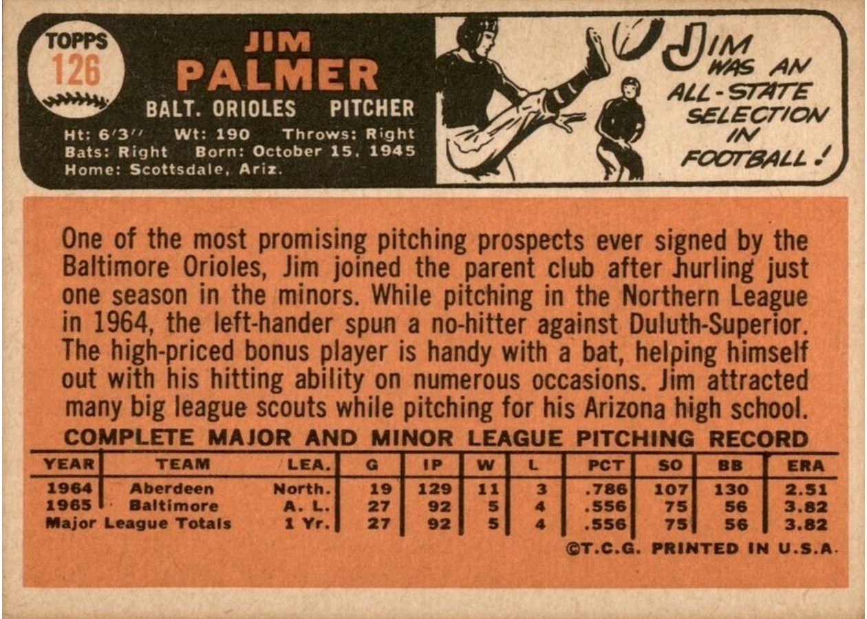 1966 Topps #126 Jim Palmer card back