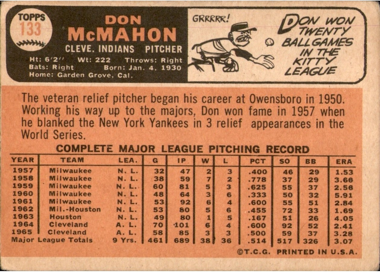 1966 Topps #133 Don McMahon card back
