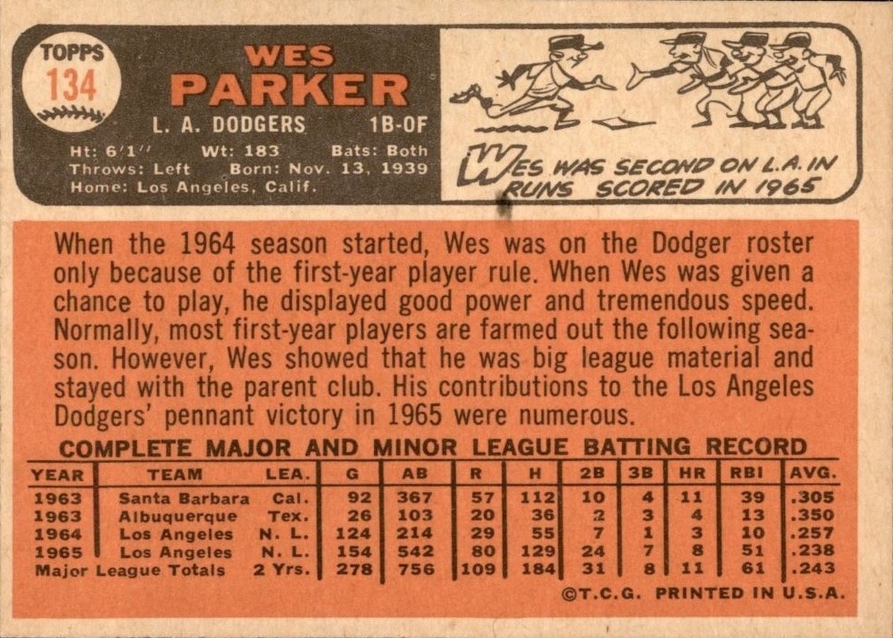 1966 Topps #134 Wes Parker card back