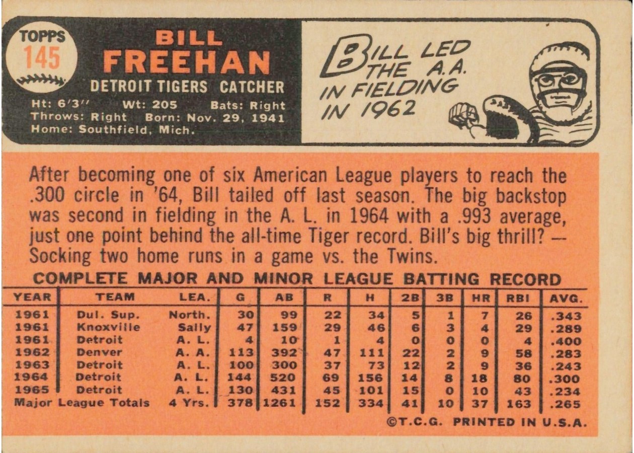 1966 Topps #145 Bill Freehan card back