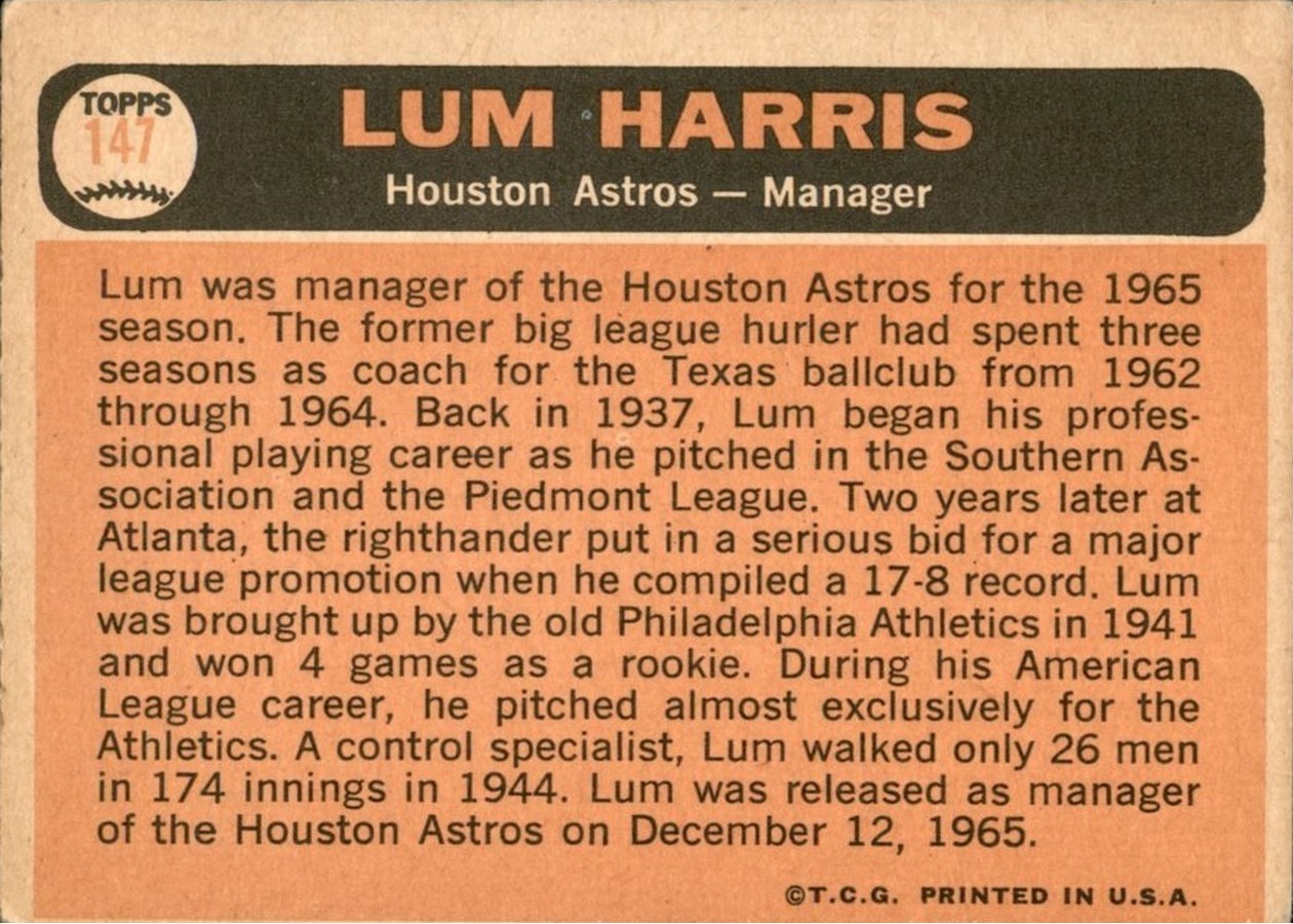 1966 Topps #147 Lum Harris card back