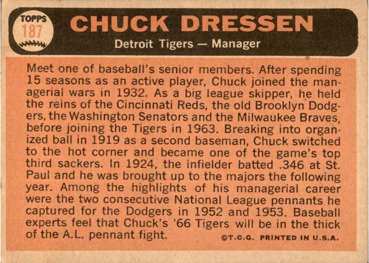1966 Topps #187 Chuck Dressen card back