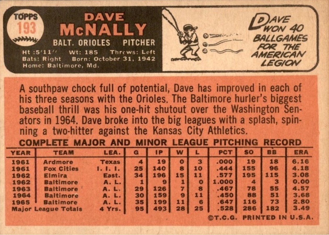 1966 Topps #193 Dave McNally card back